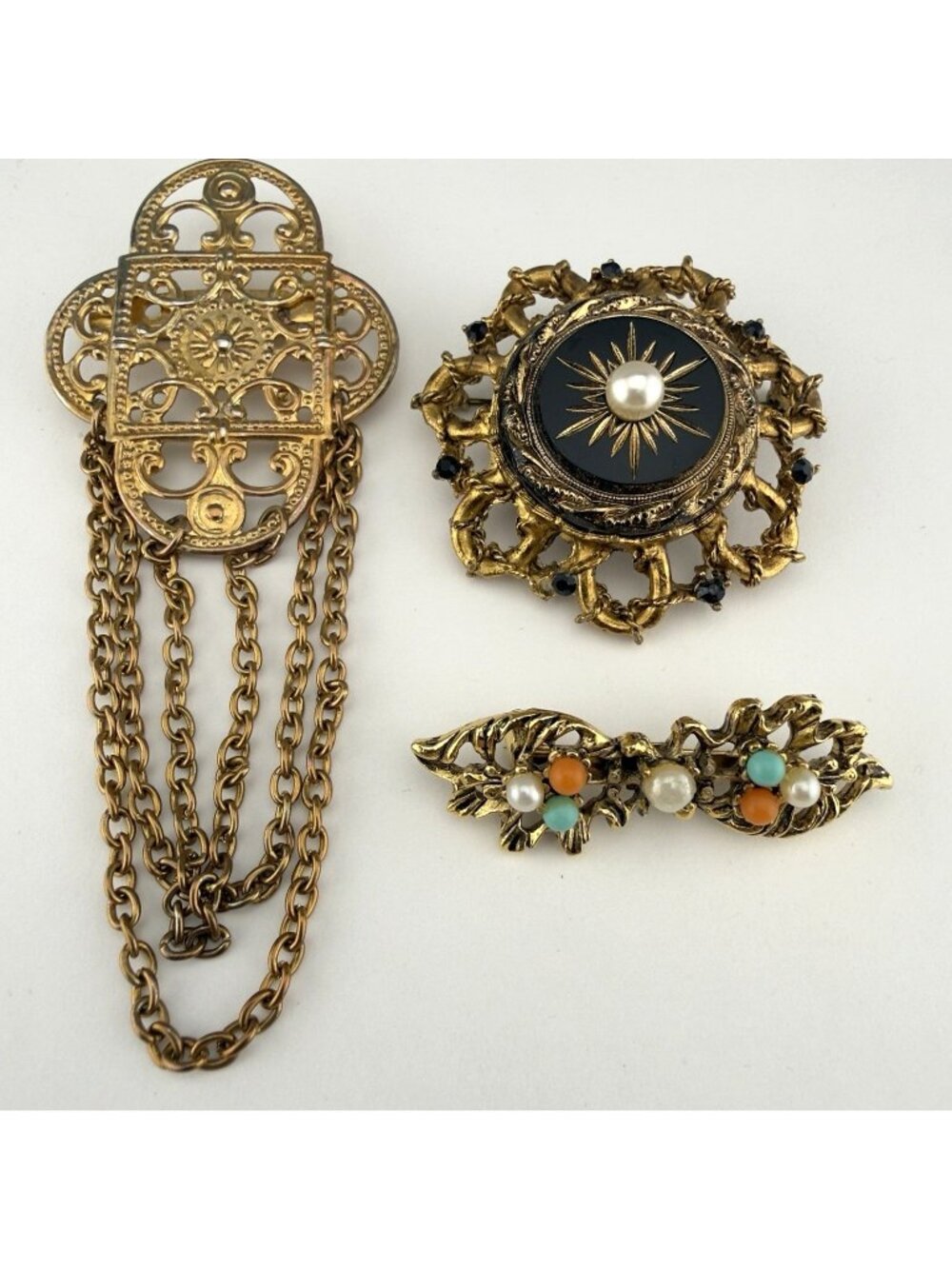 Vintage Brooch Lot Victorian Revival Gold Tone Black Glass Dangle Chain Pin Set